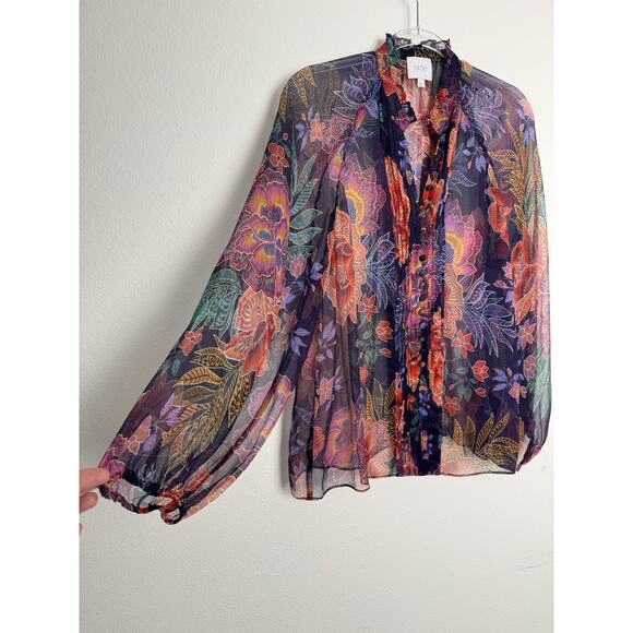 Johnny Was Jade Octavia Floral Silk Blouse Womens Large Oriental Semi Sheer - Picture 9 of 16